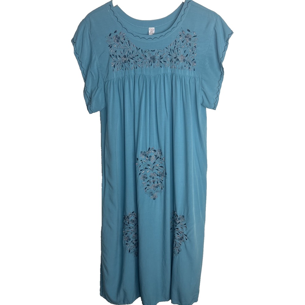 Embroidered Ecuadorian Midi Sun Dress Floral Womens Medium Blue Peasant Cottage